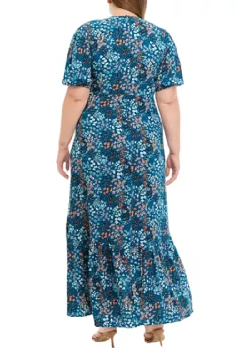 Plus Puff Sleeve Floral Midi Dress