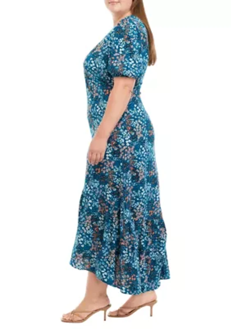 Plus Puff Sleeve Floral Midi Dress