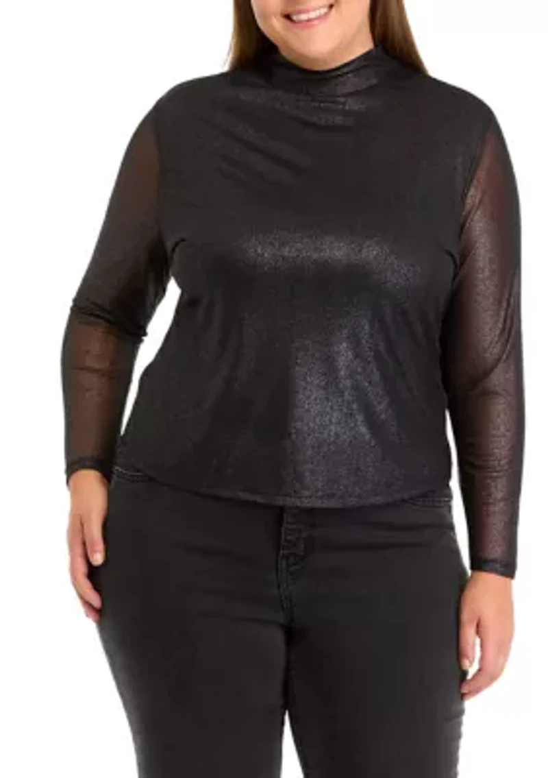 Plus Mesh Mock Neck Knit Foil Top