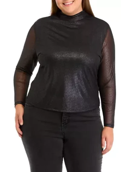 Plus Mesh Mock Neck Knit Foil Top