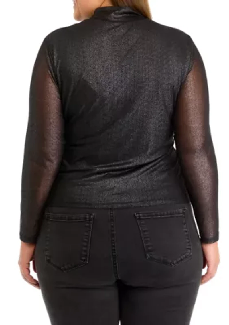 Plus Mesh Mock Neck Knit Foil Top