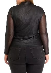 Plus Mesh Mock Neck Knit Foil Top