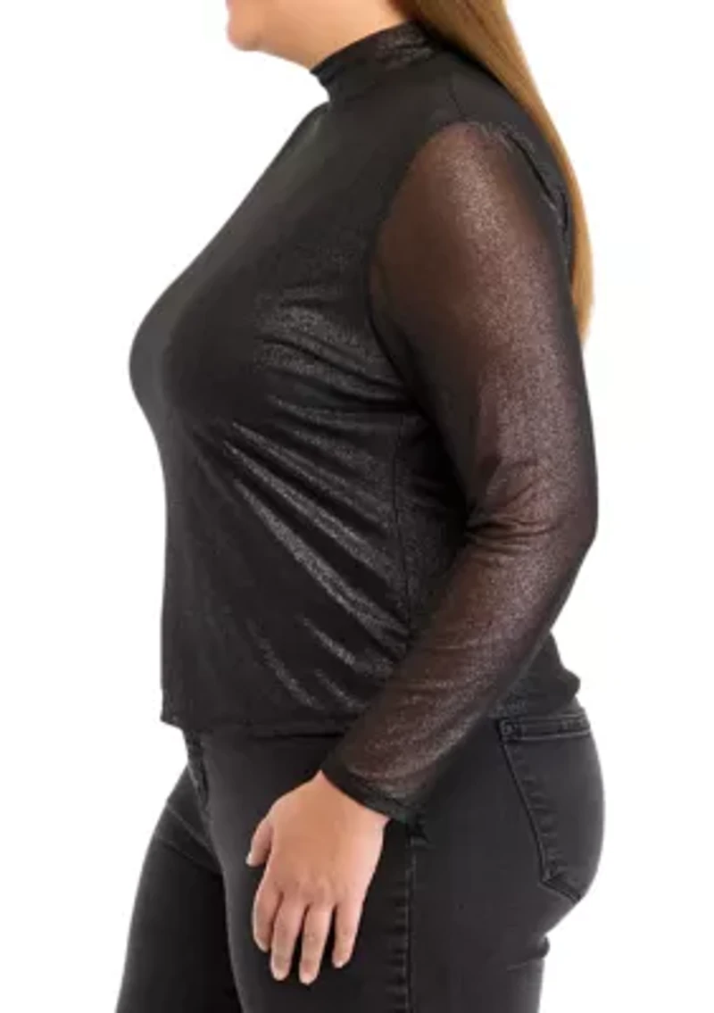 Plus Mesh Mock Neck Knit Foil Top
