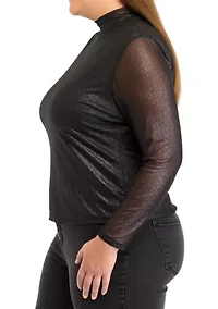 Plus Mesh Mock Neck Knit Foil Top