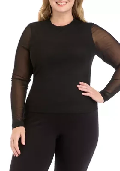 Plus Long Sleeve Printed Mesh T-Shirt