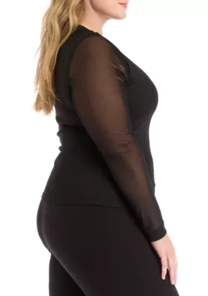 Plus Long Sleeve Printed Mesh T-Shirt