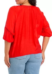 Plus 3/4 Sleeve Eyelet Inset Woven Top