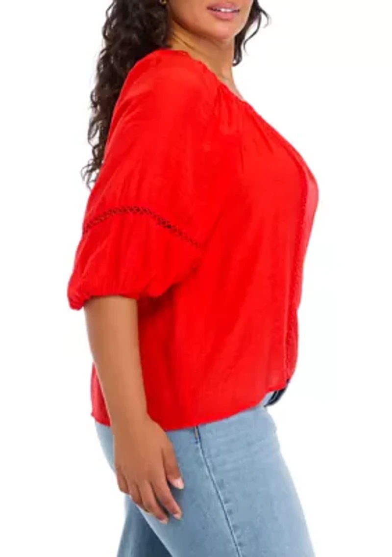 Plus 3/4 Sleeve Eyelet Inset Woven Top