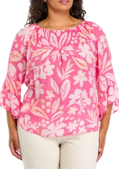 Plus Smocked Yoke 3/4 Sleeve Woven Shirt