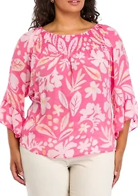 Plus Smocked Yoke 3/4 Sleeve Woven Shirt