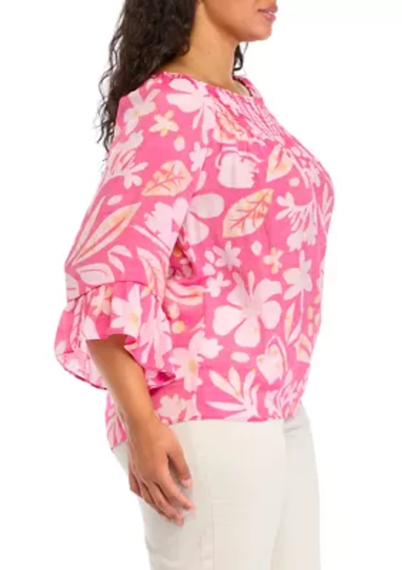 Plus Smocked Yoke 3/4 Sleeve Woven Shirt