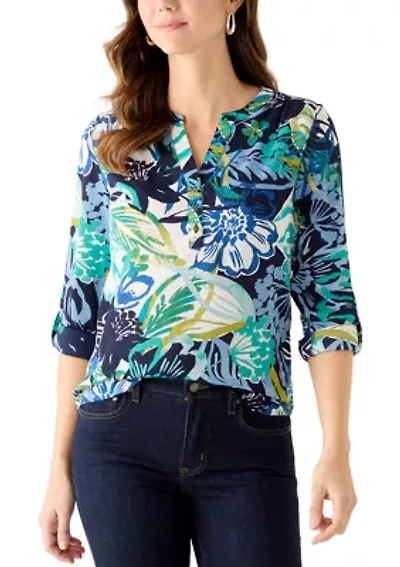 Women's Rolled Sleeve Printed Henley Shirt