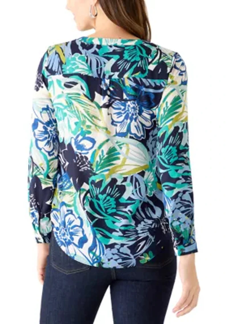 Women's Rolled Sleeve Printed Henley Shirt