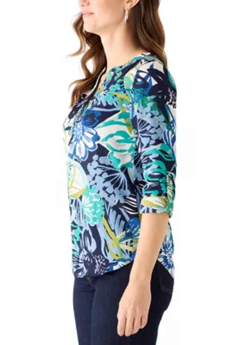 Women's Rolled Sleeve Printed Henley Shirt