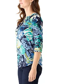 Women's Rolled Sleeve Printed Henley Shirt