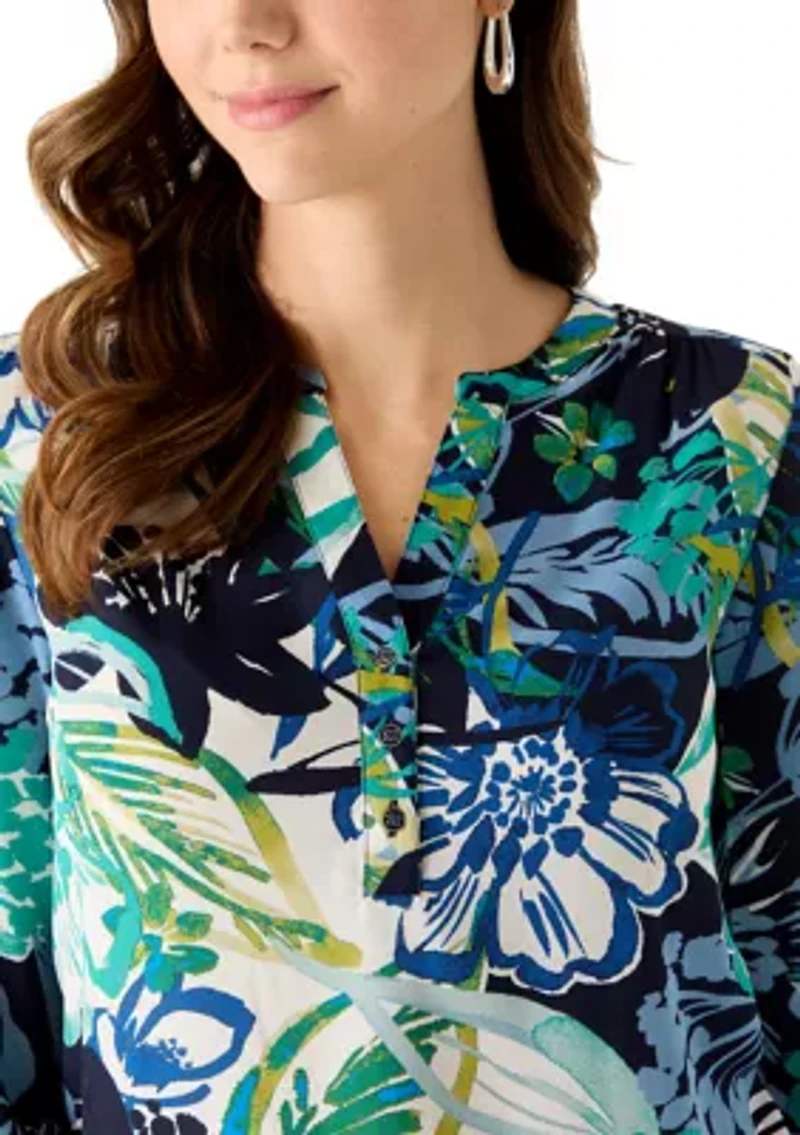 Women's Rolled Sleeve Printed Henley Shirt