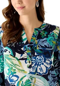 Women's Rolled Sleeve Printed Henley Shirt