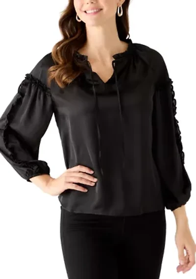 Women's Long Balloon Sleeve Split Neck Ruffle Blouse
