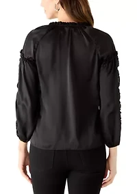 Women's Long Balloon Sleeve Split Neck Ruffle Blouse