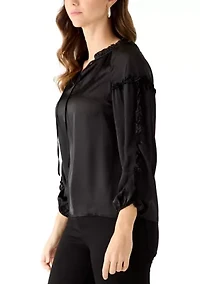 Women's Long Balloon Sleeve Split Neck Ruffle Blouse