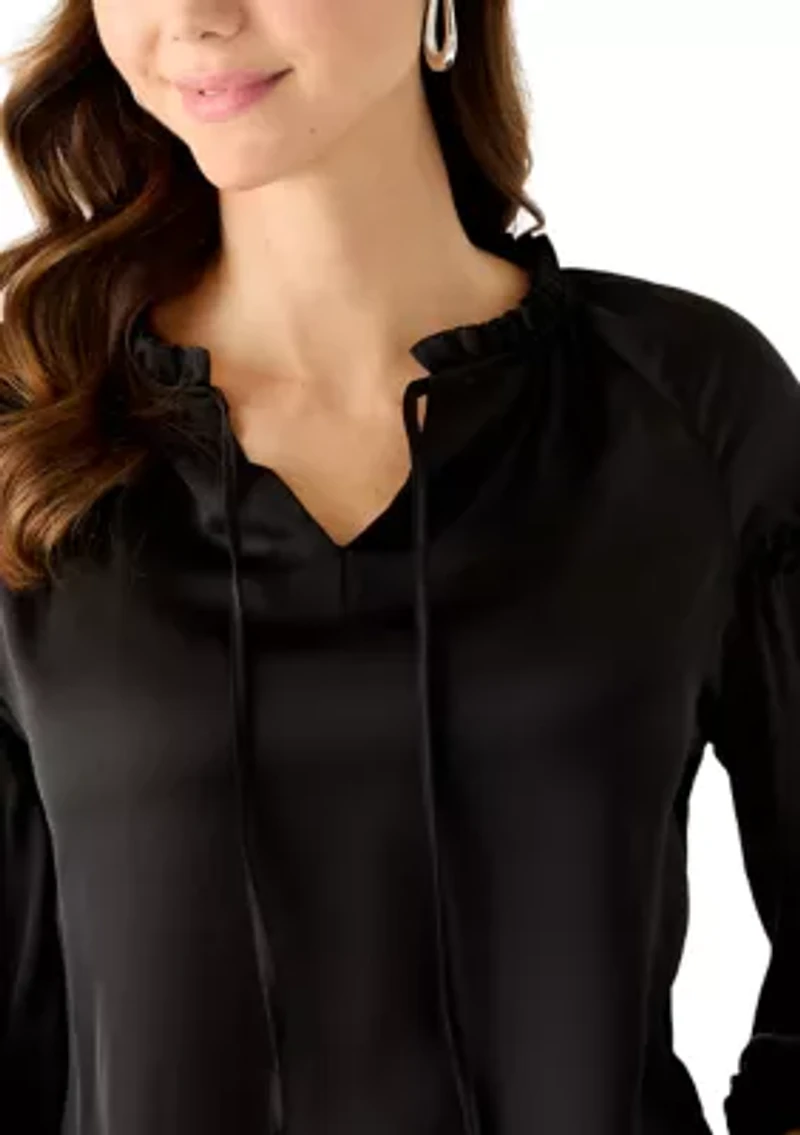 Women's Long Balloon Sleeve Split Neck Ruffle Blouse