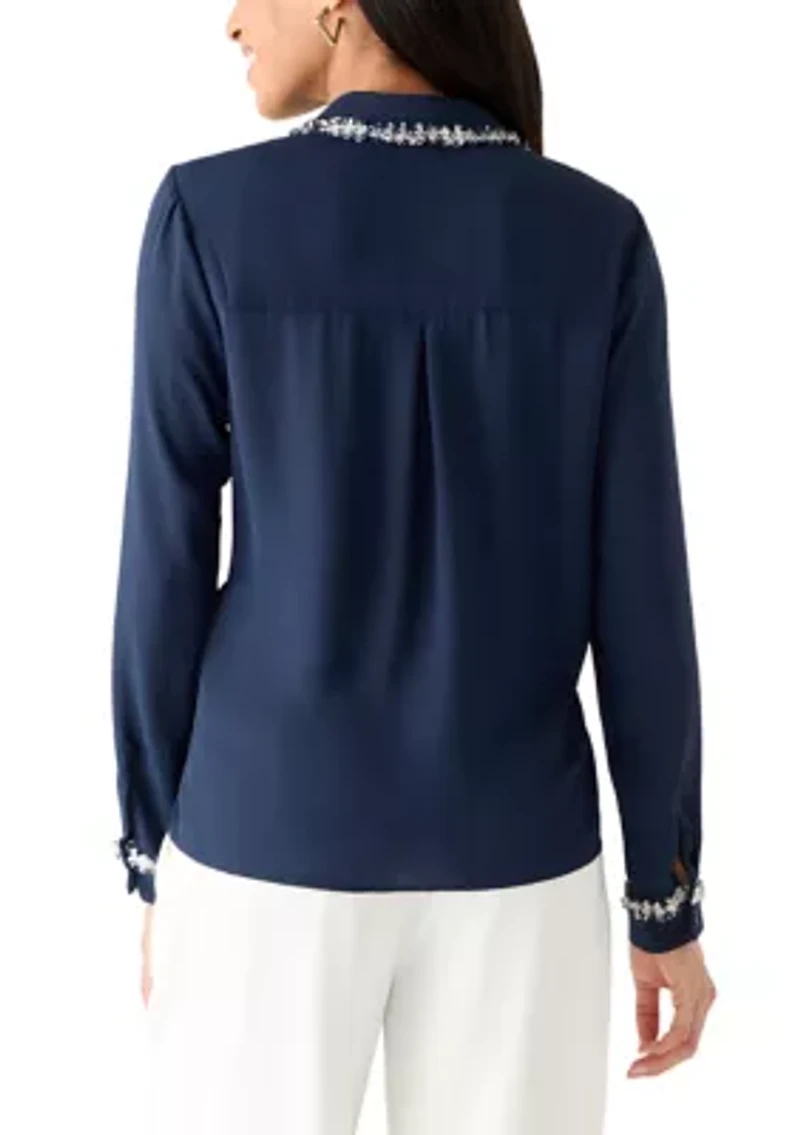 Women's Long Sleeve Hidden Placket Jewel Trim Blouse
