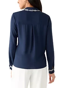 Women's Long Sleeve Hidden Placket Jewel Trim Blouse