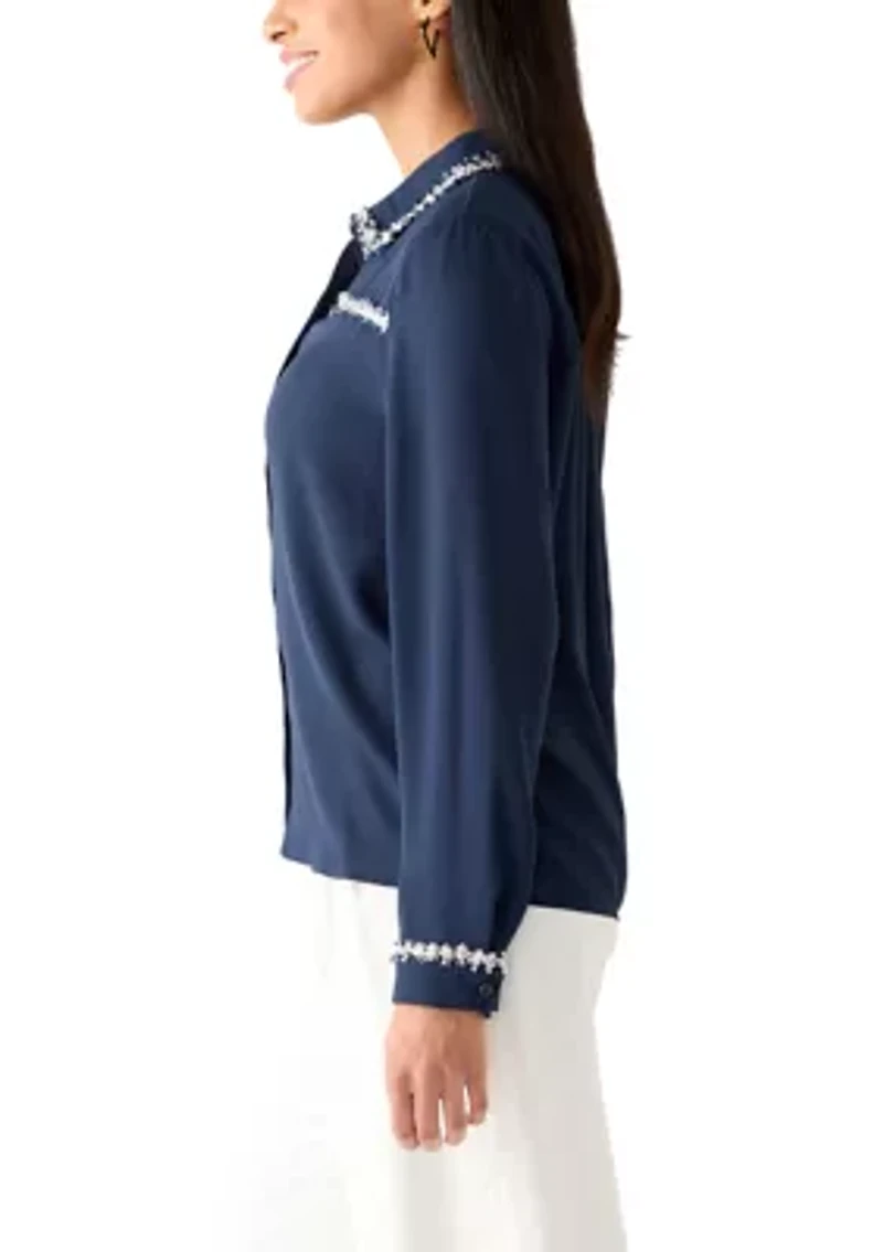 Women's Long Sleeve Hidden Placket Jewel Trim Blouse