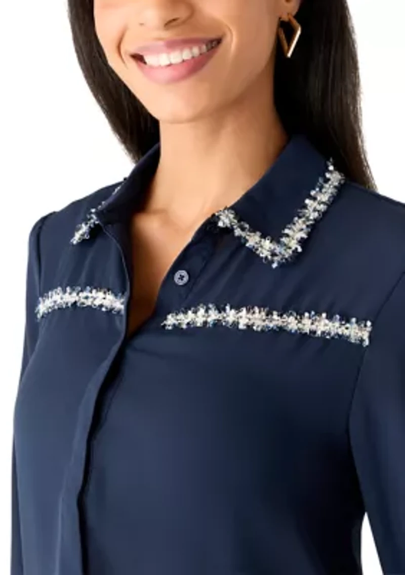 Women's Long Sleeve Hidden Placket Jewel Trim Blouse