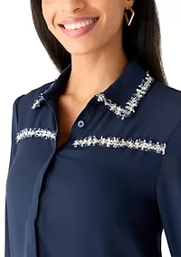 Women's Long Sleeve Hidden Placket Jewel Trim Blouse