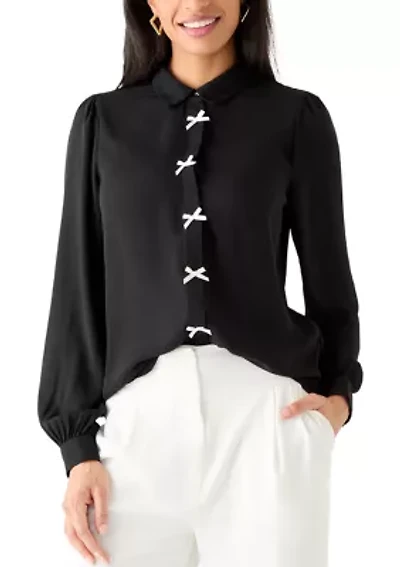 Women's Long Sleeve Bow Button Blouse