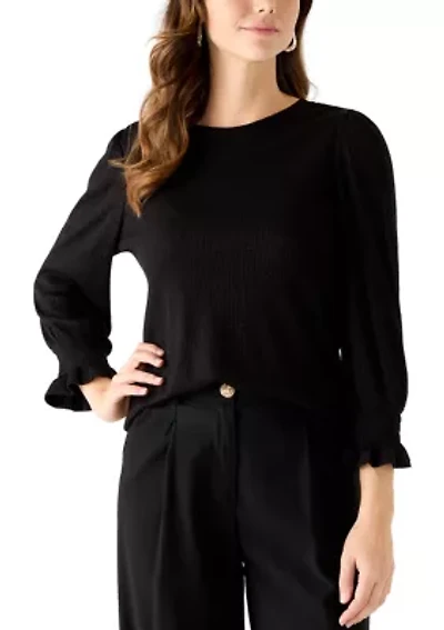 Women's 3/4 Blouson Sleeve Ribbed Sweater with Ruffle Cuffs