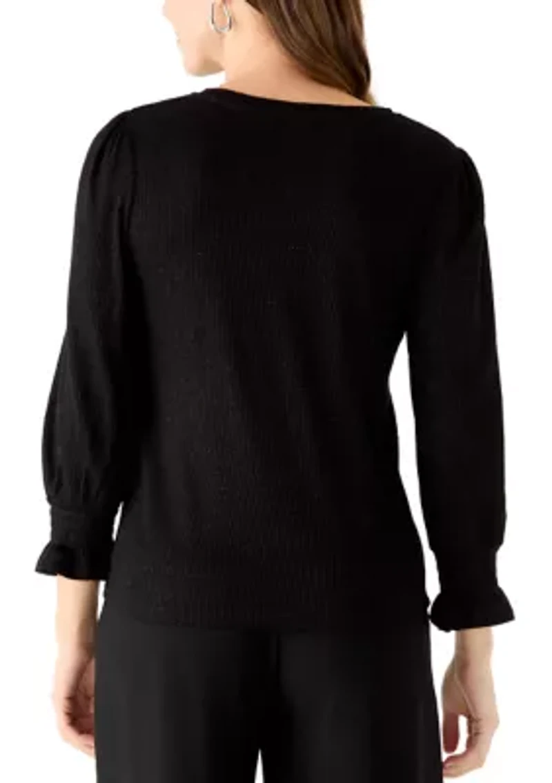 Women's 3/4 Blouson Sleeve Ribbed Sweater with Ruffle Cuffs