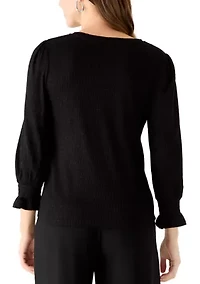 Women's 3/4 Blouson Sleeve Ribbed Sweater with Ruffle Cuffs