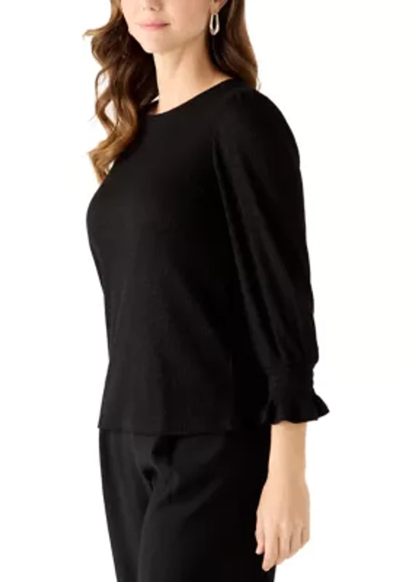 Women's 3/4 Blouson Sleeve Ribbed Sweater with Ruffle Cuffs