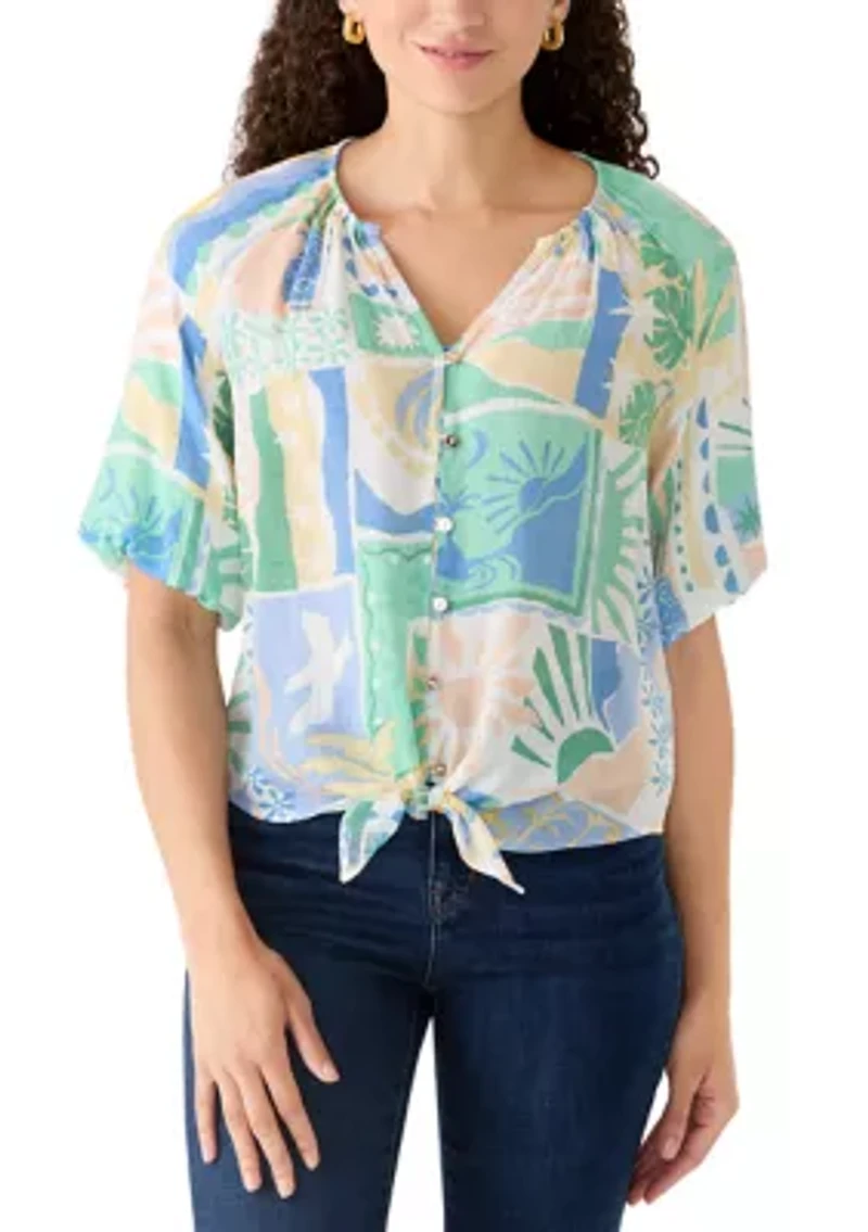Petite Short Sleeve Notch Neck Printed Top