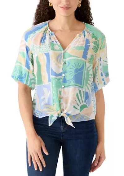 Petite Short Sleeve Notch Neck Printed Top