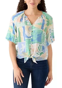 Petite Short Sleeve Notch Neck Printed Top