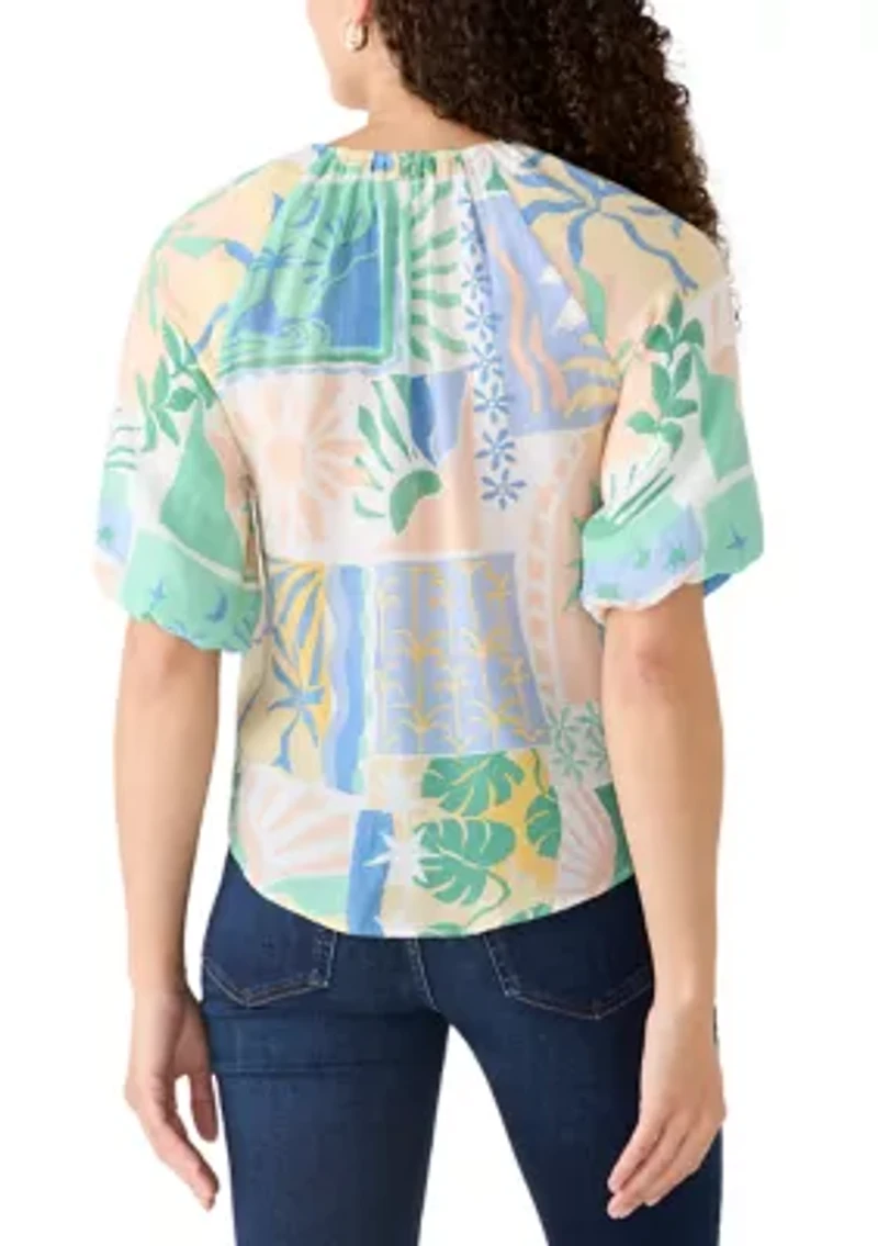Petite Short Sleeve Notch Neck Printed Top