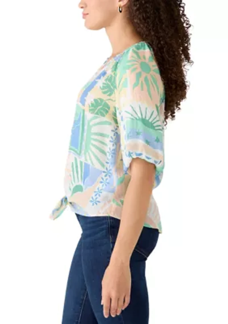 Petite Short Sleeve Notch Neck Printed Top