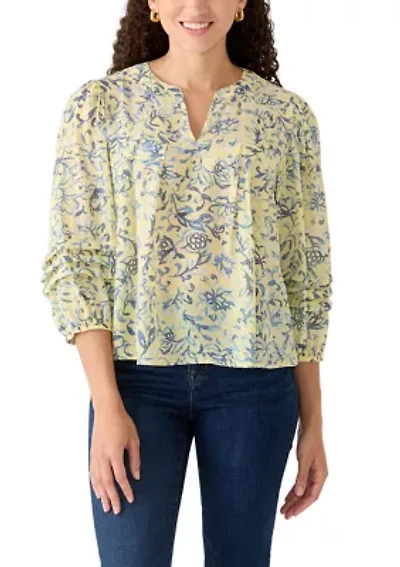 Petite Long Sleeve Notch Neck Printed Top