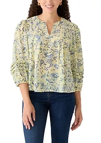Petite Long Sleeve Notch Neck Printed Top