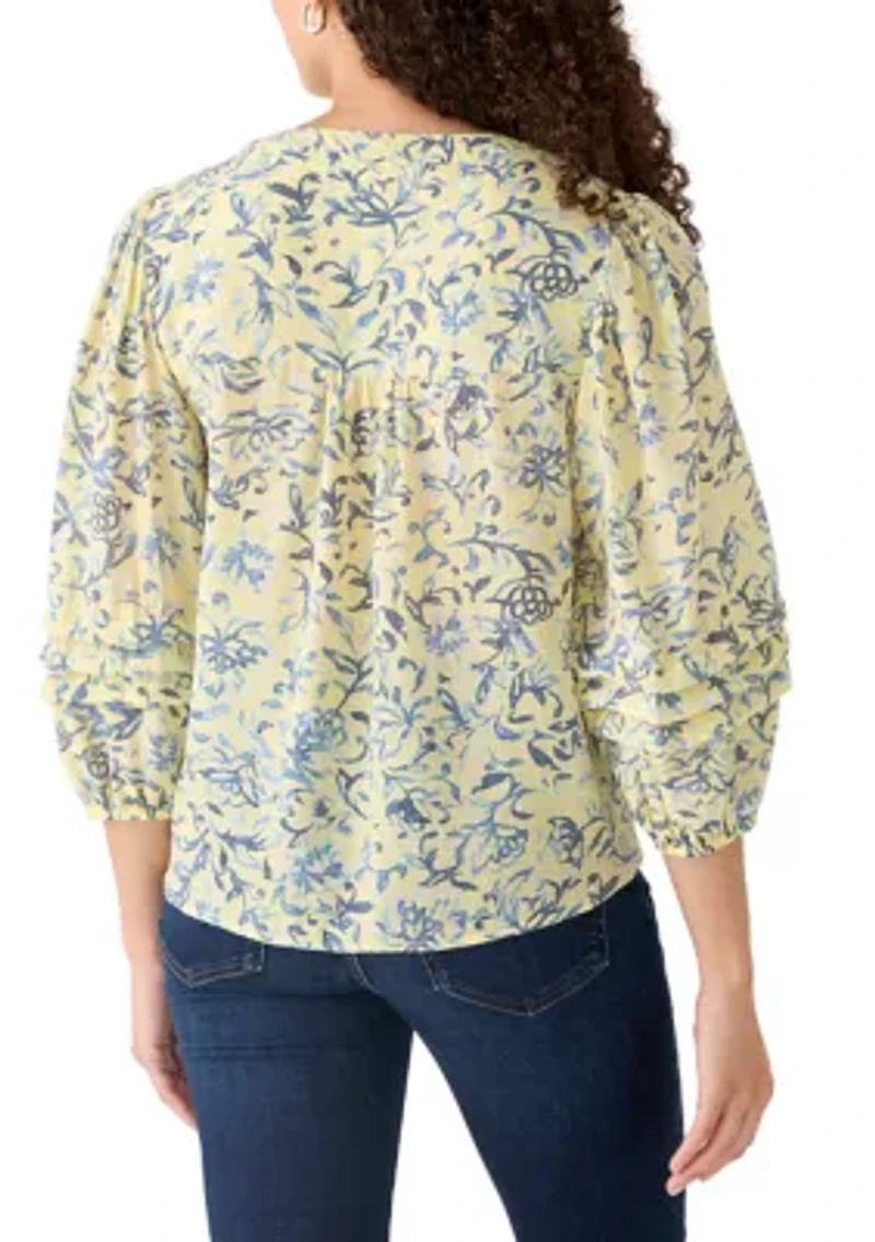 Petite Long Sleeve Notch Neck Printed Top