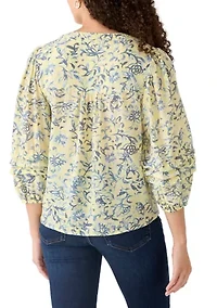 Petite Long Sleeve Notch Neck Printed Top