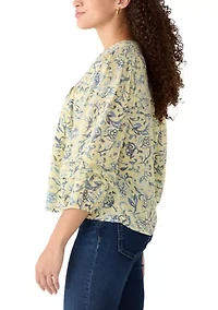 Petite Long Sleeve Notch Neck Printed Top