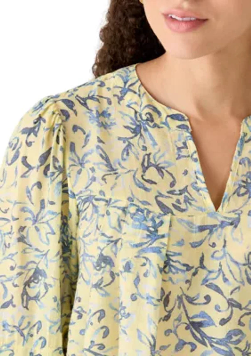 Petite Long Sleeve Notch Neck Printed Top