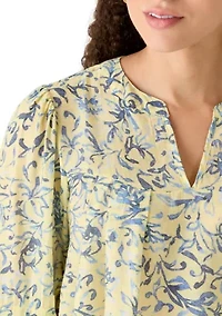 Petite Long Sleeve Notch Neck Printed Top