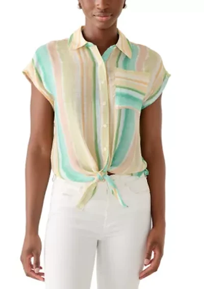 Petite Short Sleeve Button Down Tie Front Top