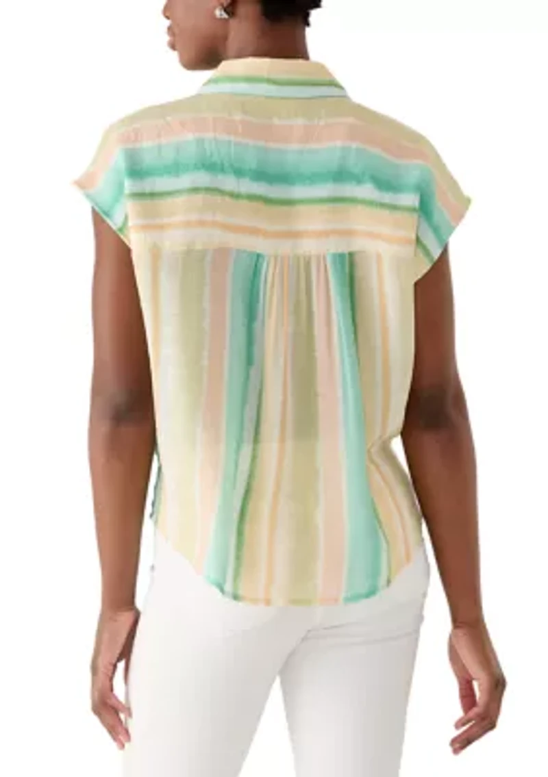 Petite Short Sleeve Button Down Tie Front Top