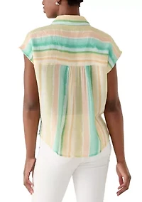 Petite Short Sleeve Button Down Tie Front Top
